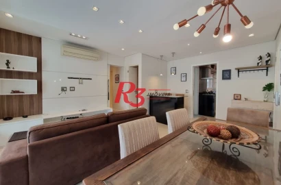 Excelente apartamento para locação mobiliado e decorado, 2 vagas,  em Santos, na quadra da praia, com 3 quartos, sacada gourmet e lazer completo!!