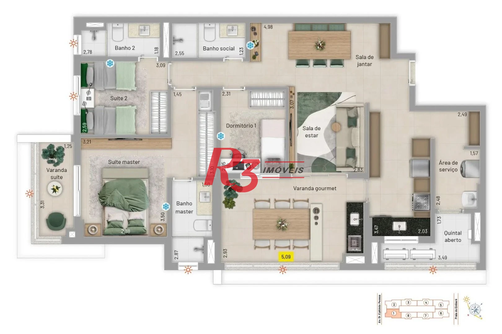 Apartamento com 3 dormitórios à venda, 123 m² por R$ 1.650.000 - Embaré - Santos/SP