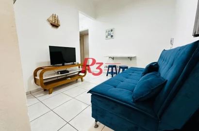 Excelente oportunidade para locação 100% mobiliada, em prédio frente mar, em Santos, 1 quarto e 1 vaga, condição muito especial!!