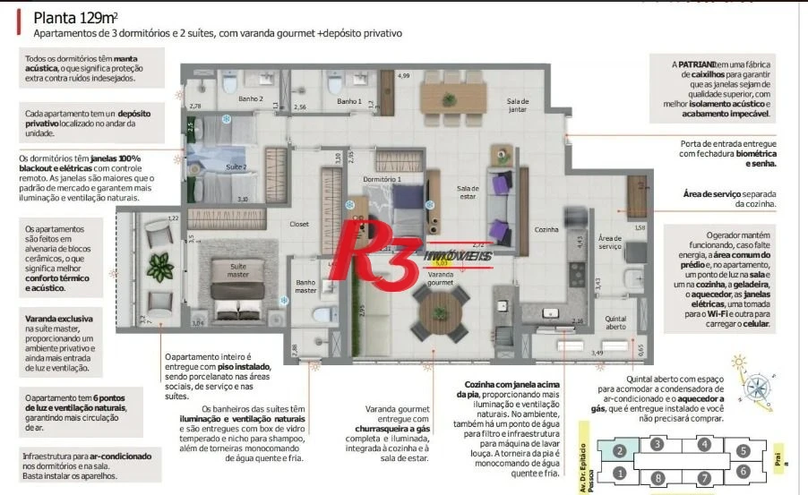 Apartamento com 3 dormitórios à venda, 129 m² por R$ 2.500.000,00 - Embaré - Santos/SP