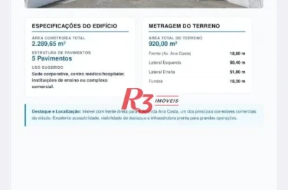 Prédio, 2289 m² - venda por R$ 17.000.000,00 ou aluguel por R$ 150.000,02/mês - Gonzaga - Santos/SP